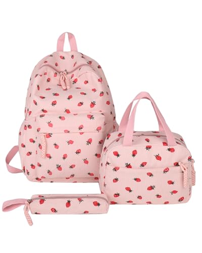 Makukke Kawaii Girls' School Backpack - Adorable Strawberry Corduroy 3-in-1 School Bookbag with Fleece Lunch Box & Pencil Case for Age 8-10