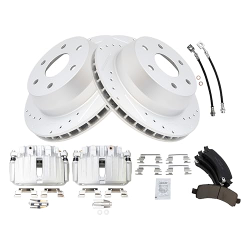 Image of TRQ Performance Rear Brake Pad and Rotor Set Ceramic Slotted Drilled Calipers Compatible with 2002 Chevrolet Avalanche 1500 Suburban 1500 Tahoe GMC Yukon Yukon XL 1500
