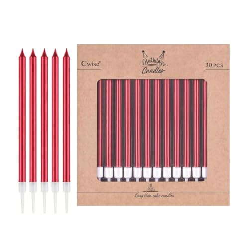 Cwise - 30 Count - Long Thin Cake Candles - Metallic Red Birthday Candles - Metalic Color Pencil Candles - Birthday Candles for Cakes - Birthday, Celebration, Wedding - Cake Decorations (Red)