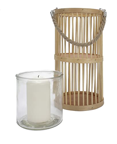 Bambus-Laterne mit Glaseinsatz für Stumpenkerzen, Windlicht zum Hängen oder Stellen, für Indoor und Outdoor, Bambus-Leuchte mit abnehmbarem Sisal-Henkel Cover