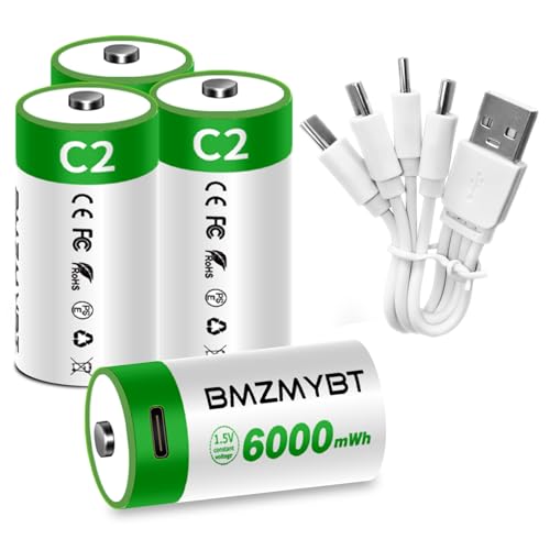 4pcs C Battery C Batteries, USB/Type-C C Rechargeable Battery, High Capacity 1.5V 4000mAh 6000mWh, 2.5 Hours Fast Charge, Long Lasting Cycle Times up to 1200x with Type-C Port Charging Cable
