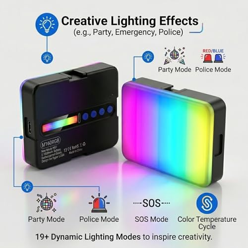 Image of M160 RGB Portable Camera Light, 6.5W LED Video Light with 360 Full Color, 2700K-6500K, Dimmable, 1800mAh Battery, for Photography, Video, Streaming, Selfie