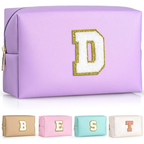 TOPEAST Preppy Small Makeup Bag, Chenille Letter Pouch Cosmetic Bag With Zipper, PU Leather Waterproof Toiletry Bag, Personalized Birthday Gift for Women, Cute Stuff for Girls (Purple D)