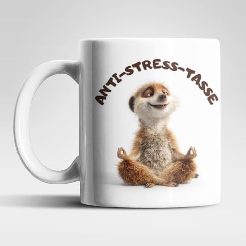 Anti Stress Tasse Erdm&auml;nnchen &ndash; Lustige Kaffeetasse 325 ml aus Keramik mit &bdquo;ANTI-STRESS-TASSE&ldquo;, s&uuml;&szlig;es Tiermotiv, Geschenkidee f&uuml;r B&uuml;ro, Kollegen & Tierfreunde