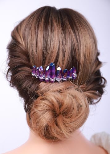 Teyglen Raw Crystal Quartz Hair Comb Clear Crystal Hair Side Comb Mermaid Rhinestone Hair Comb Sun Moon Goddess Headpiece Decorative Hair Accessories for Women Girls (Purple)