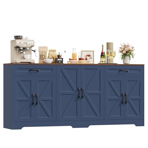 HOCSOK Credenza Cucina, 180 cm Madia Cucina con 8 Scomparti Portaoggetti, Credenza Soggiorno con 2 Cassetti 6 Ante per Sala da Pranzo, Mobile TV, 180×87×34, Blu