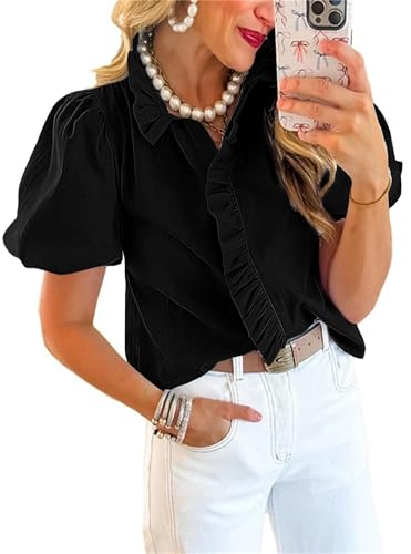 Chemise Disamer pour femmes, manches bouffantes, rayée, Noir pur, Grand