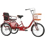 Dreirad für Erwachsene, 20 Zoll, Doppelkette, Doppelbremse, Tandem-Fahrrad für Eltern/Kind mit Korb am Rücksitz für Freizeit, Einkaufen und Picknicks, Rot