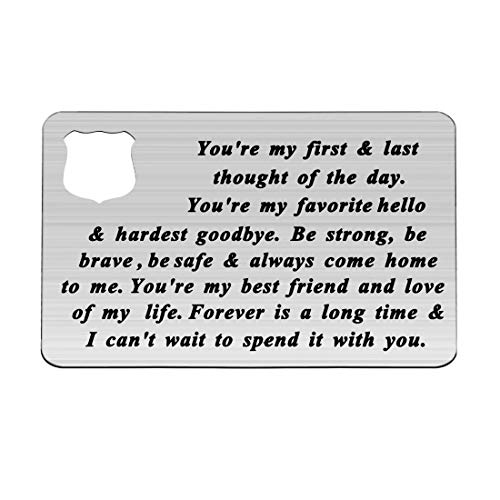 BEKECH Police Jewelry Carte portefeuille avec inscription « You're My First and Last Thought of The Day Be Strong Be Brave Be Safe », Acier inoxydable