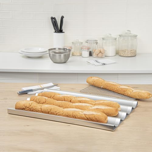 Restaurantware Baguette Pan 6 Pack of 25.9 x 17.9 x 1.1 Inches 4-Loaf Compartments Aluminum Artisan Bread Baking Tray Perforated Metal Loaf Baking Tray Silver by Restaurantware - Used condition - Image 4
