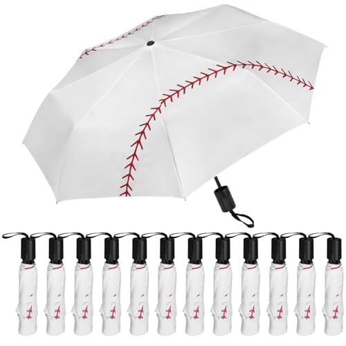 Abbylike 12 Pcs Auto Open Baseball Umbrella Baseballs Printed Windproof Travel Folding Umbrella Portable Compact Baseball Umbrellas Gifts for Players Lovers Fans Women Men Rain Sun Travel Supplies