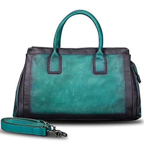 Image of Genuine Leather Top Handle Handbag Satchel for Women Handmade Vintage Handbags Purse Retro Cowhide Crossbody Hobo Bag Purses (Cyan)