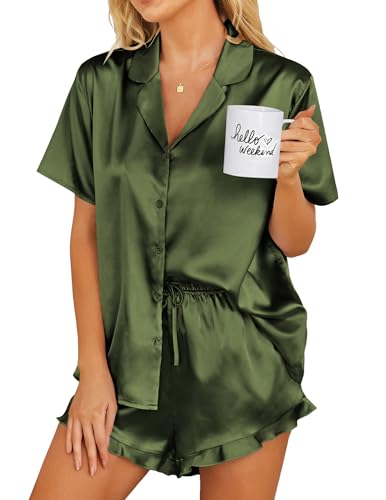 Ekouaer Womens Satin Pajamas Set Button Down 2 Piece Silk Pjs Shorts Set Ruffle Lingerie Notch Collar Sleepwear Army Green M