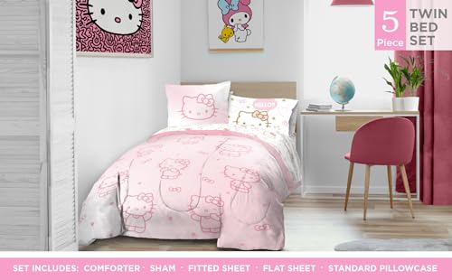 Image of Sanrio Hello Kitty Twin Comforter Set 5 Piece Bedding for Girls, Pink | Bed in a Bag, Comforter Sheets Sham Pillowcase, Official Product, Soft Microfiber, Machine Washable, Easy Care, Girls Gift