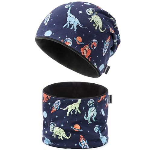 JANGANNSA Children's Beanie-Hat&Scarf Set for Girls Boys-Dino Excavator Kids Hat for Autumn Spring Winter 3-8 Years