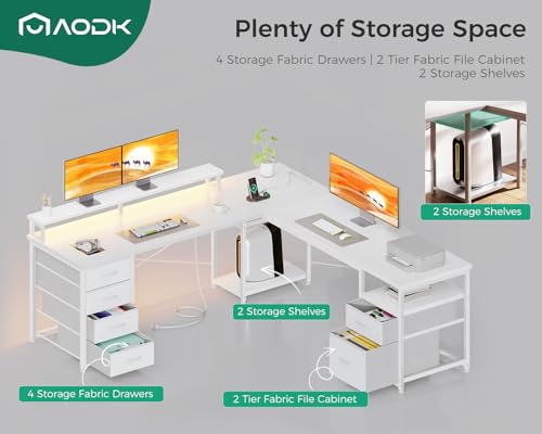 AODK 66\" L Shaped Computer Desk, 113“ Reversible Home Office Desk with File Cabinet & 4 Fabric Drawers, Two Person Desk with LED Lights & Power Outlet, Corner Gaming Desk with Monitor Shelf, White - Thumbnail 3