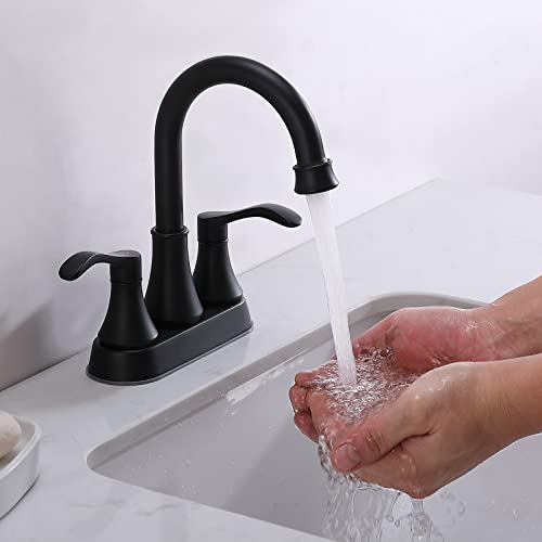 VALISY Lead-Free Antique 2 Handle Bathroom Sink Faucet, 360° Swivel High-Arc Spout 4-Inch Centerset Lavatory Vanity Faucets Set with Drain & Water Hoses, Matte Black by VALISY - Used condition - Image 9