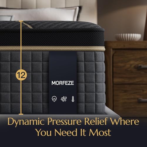 MORFEZE Queen Mattress in A Box 12 Inch Hybrid Mattresses Medium Firm with Cooling Gel, Memory Foam and Pocket Spring, Fiberglass Free & Motion Isolation, Pressure Relief for Silent Sleep