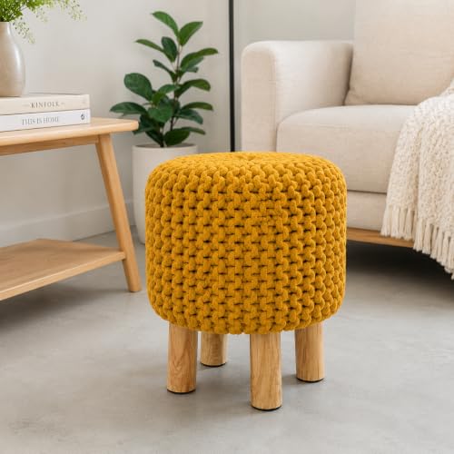 Image of CASVO® Handmade Jute Pouffe Stool with Wooden Base | Cotton Knitted Ottoman Footstool | Round Sitting Pouf for Living Room Library Office & Home Decor 32x32x42 cm (Mustard)