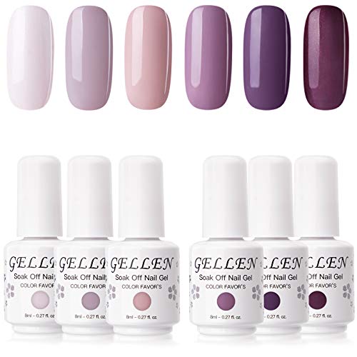 Gellen Gel Nail Polish Kit- 6 Colors Midnight Lilac Tones, Misty Pink & Purples, Soft Pastel Gel Polish - Fashion Nail Art Designs Home/Salon Gel Manicure