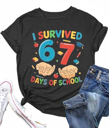 67 Shirt for Women I Survived 67 Days of School Shirts Last Day of School Teacher Shirt Six Seven School Clothes Dark Grey