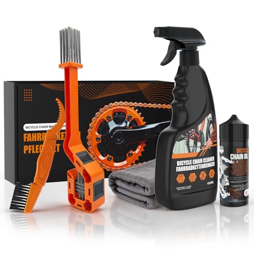Fahrradketten Reiniger Set, Fahrrad Reinigungsset mit 450ml Fahrrad Kettenreiniger und 120ml Fahrradkettenöl, Fahrrad kettenreiniger Fahrradpflege Set mit Kettenbürsten für Alle Fahrrädern