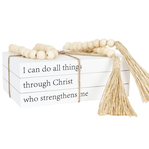 Decorative Books for Home Decor, White Faux Books for Decoration, Rustic Farmhouse Stacked Books with 52in Wood Bead Garland for Coffee Table Mantle Fireplace (I can do All Things Through Christ)
