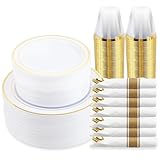 350 Piece Gold Dinnerware Set,100 Plastic Plates, 50 Cups,50 Pre Rolled Napkins with Plastic Silverware, Disposable Gold Dinnerware Set for 50 Guest
