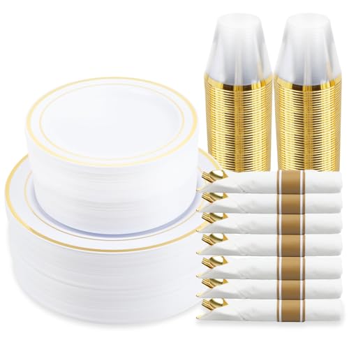 350 Piece Gold Dinnerware Set,100 Plastic Plates, 50 Cups,50 Pre Rolled Napkins with Plastic Silverware, Disposable Gold Dinnerware Set for 50 Guest