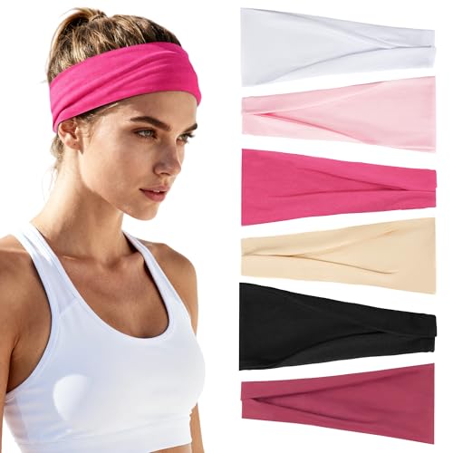 Pink Headbands for Women 6 Pack Valentine's Day Headbands, Non-Slip Fashion Elastic Hair Bands, Head Bands Stretchy Soft Cloth Sweat Bands, Workout Athletic Headband for Yoga Running Gym Sports