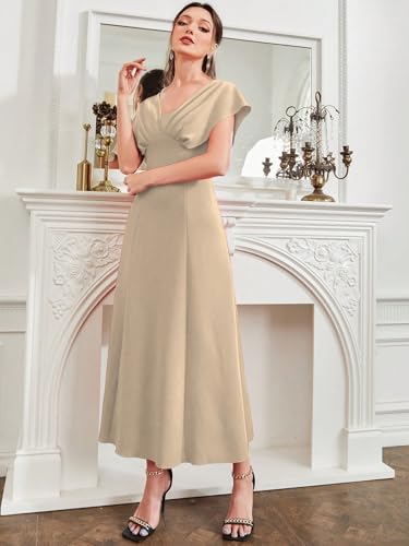 Image of Shasmi Women's & Girl's Solid A-Line Maxi Dress | V-Neck Pleated Bodice | Cap Batwing Sleeves | Fit & Flare Evening Gown (Dress 274)