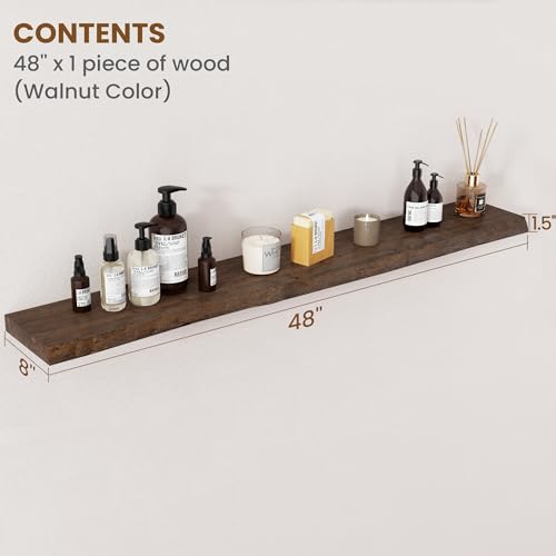 Image of Floating Shelves for Wall Decor, Rustic Solid Elm Wood Live Edge Floating Shelves Wall Mounted, Wall Shelves with Invisible Bracket for Living Room Bathroom Bedroom Kitchen, 48 Inch, Walnut