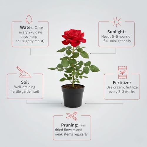 Image of Live Climbing Red Rose Plant with Plastic Pot, Creeping, Rambling, Ornamental, Vining, Fragrant, Trailing Flower (ROSE FLOWER PLANT) (FLOWER PLANT) (RED CLIMBING ROSE)