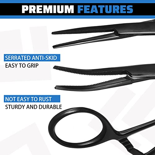 Image of BBTO Hemostat Curved and Straight Hemostat Forceps Piercing Pliers Forceps, Stainless Steel Straight and Curved Pliers, Fishing Tweezer(Black,4 Pcs)