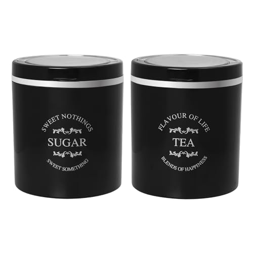 Image of Jaypee Plus Classique 2 Tea Coffee Sugar Storage Container Set 750 ml Airtight Plastic canisters Tea containers for kitchen | Silicon rubber lock Stackable glossy finish transparent Lid, Black