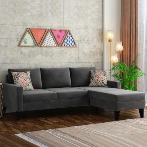 Casafurnish Adrona 4 Seater Fabric RHS L Shape Sofa Set (Dark Grey)