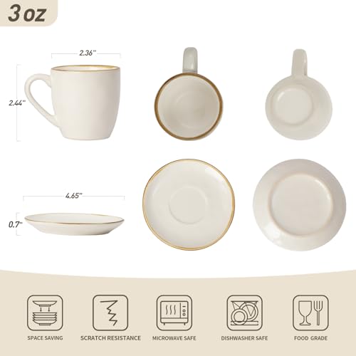 famiware Ocean Espresso Cups with Saucers Set of 4, 3.34oz Espresso Cup Set, Coffee Mug Set for Latte, Macchiato, Stoneware Demitasse Cups Set for Cafe, Microwave&Dishwasher Safe, Vanilla White - Thumbnail 5