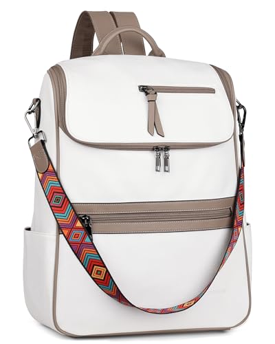 FADEON Laptop Mochila para Mulheres Mochila de Viagem de Couro com Compartimento Laptop, Designer Senhoras Computer Mochilas (branco)