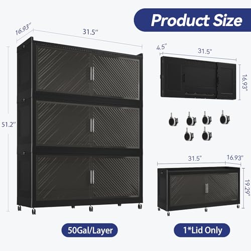 Image of 150 Gallon Extra Large Collapsible Storage Bin with Lid, 960QT Stackable Plastic Organizer with 6x Wheels, Foldable Drawer Cabinet for Closet, Living Room Office, Kitchen 3Pack, Black