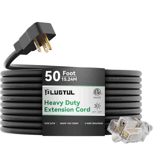 PLUGTUL 20AMP Extension Cord 50FT NEMA 5-20 Heavy Duty Extension Cord Lighted End 12Gauge SJTW 20AMP 125V 2500W Black