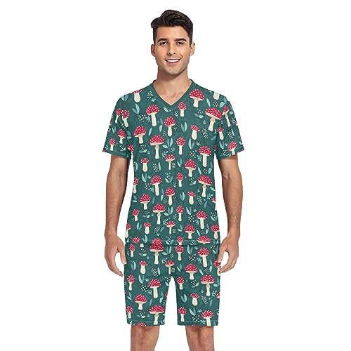 Men's Short Sleeve Pajama Set Mushroom Summer Pjs Set 2 Piece Loungewear Sleepwear with Pockets4