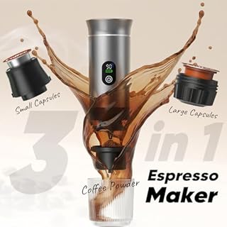 Portable 3-in-1 Espresso Coffee Maker, Self-Heating & Rechargeable with Smart Display — Works with Ground Coffee, Small & Large Capsules; Travel & Camping Mini Machine, 20-Bar Extraction, 80 ml Cup