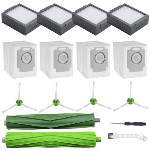 Chrostion Kit de piezas de repuesto compatible con aspiradora iRobot Roomba i7 i7+ i6+ i8 i3+/Plus E5 E6 E7, 1 paquete de cepillo multisuperficie, 4 filtros HEPA, cepillos laterales y bolsas de
