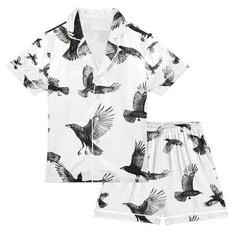 senya A Bunch Of Crows Satin Summer Pajama Sets Silk Short Sleeve Button Down Sleepwear