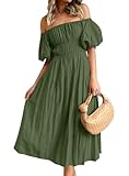 ZESICA Women's 2024 Sexy Boho Off Shoulder Puff Short Sleeve High Waist Ruffled Flowy A Line Beach Party Midi Dress