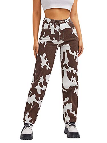 SOLY HUX Women s Casual High Waisted Denim Pants Cow Print Straight Leg Jeans Coffee Brown L