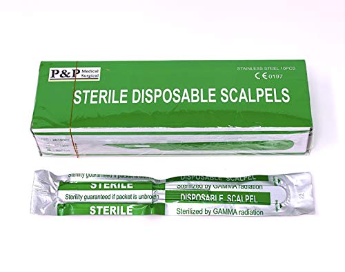 Disposable Scalpels Sterile Surgical Blade Size 22 Stainless Steel with Plastic Handle & Metric Line Individually Foil Wrapped by P&P MEDICAL SURGICAL Box of 10