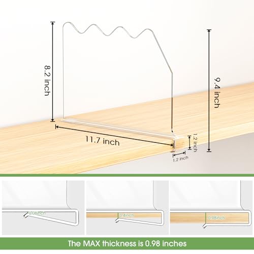SPACEKEEPER Shelf Dividers for Closet Organization, Clear Closet Shelf Divider for Clothes Purses Separators, Wood Shelves Organizer for Bedroom, Kitchen, Office, Cabinets, Bathroom, 6 Pack - Thumbnail 2