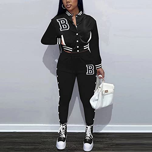 Women's 2 Piece Tracksuit Long Sleeve Varsity Outfit Crop Top Bodycon Pants Jumpsuit Set Black #TOP2