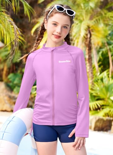 Image of BesserBay Girls Rash Guard UPF 50+ Zip Up Raglan Long Sleeve Adjustable Drawstring Swim UV Jacket 4-14 Years
